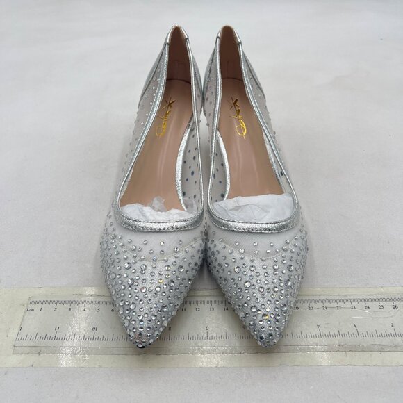 XYD Silver Pointed Closed Toe Slip On Mesh Pumps Rhinestone Kitten Heel Shoes - Picture 3 of 8